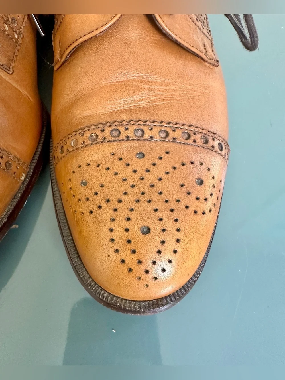 VTG Brassboot Mens Oxford Sz 8.5 D Tan Leather Cap Toe Brogue Italy Dress Shoes